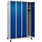 Kleiderspind C+P Evolo Plus, 4 Abteile, 300 mm Abteilbreite, mit Füßen, Anschlag rechts, Zylinder, B 1200 x T 500 x H 1950 mm, weißaluminium/enzianblau