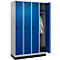 Kleiderspind C+P Evolo Plus, 4 Abteile, 300 mm Abteilbreite, mit Sockel, Anschlag rechts, B 1200 x T 500 x H 1950 mm, Drehriegel, weißaluminium/enzianblau