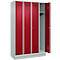 Kleiderspind C+P Evolo Plus, 4 Abteile, 300 mm Abteilbreite, mit Sockel, Anschlag rechts, B 1200 x T 500 x H 1950 mm, Zylinder, lichtgrau/rubinrot