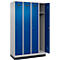 Kleiderspind C+P Evolo Plus, 4 Abteile, 300 mm Abteilbreite, mit Sockel, Anschlag rechts, B 1200 x T 500 x H 1950 mm, Zylinder, weißaluminium/enzianblau