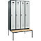 Kleiderspind C+P Evolo Plus, 4 Abteile, 300 mm Abteilbreite, mit untergebauter Sitzbank, B 1200 x T 815 x H 2120 mm, Drehriegel, anthrazitgrau/lichtgrau
