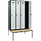 Kleiderspind C+P Evolo Plus, 4 Abteile, 300 mm Abteilbreite, mit untergebauter Sitzbank, B 1200 x T 815 x H 2120 mm, Drehriegel, anthrazitgrau/lichtgrau