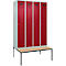Kleiderspind C+P Evolo Plus, 4 Abteile, 300 mm Abteilbreite, mit untergebauter Sitzbank, B 1200 x T 815 x H 2120 mm, Zylinder, lichtgrau/rubinrot