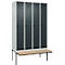 Kleiderspind C+P Evolo Plus, 4 Abteile à 300 mm Breite, schwebende Sitzbank, B 1200 x T 815 x H 2120 mm, Drehriegel, lichtgrau/anthrazit