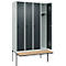 Kleiderspind C+P Evolo Plus, 4 Abteile à 300 mm Breite, schwebende Sitzbank, B 1200 x T 815 x H 2120 mm, Drehriegel, lichtgrau/anthrazit