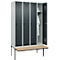 Kleiderspind C+P Evolo Plus, 4 Abteile à 300 mm Breite, schwebende Sitzbank, B 1200 x T 815 x H 2120 mm, Drehriegel, lichtgrau/anthrazit
