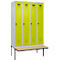 Kleiderspind C+P Evolo Plus, 4 Abteile à 300 mm Breite, schwebende Sitzbank, B 1200 x T 815 x H 2120 mm, Drehriegel, lichtgrau/clowngrün