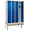 Kleiderspind C+P Evolo Plus, 4 Abteile à 300 mm Breite, schwebende Sitzbank, B 1200 x T 815 x H 2120 mm, Drehriegel, lichtgrau/enzianblau
