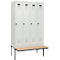 Kleiderspind C+P Evolo Plus, 4 Abteile à 300 mm Breite, schwebende Sitzbank, B 1200 x T 815 x H 2120 mm, Drehriegel, lichtgrau/lichtgrau