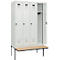 Kleiderspind C+P Evolo Plus, 4 Abteile à 300 mm Breite, schwebende Sitzbank, B 1200 x T 815 x H 2120 mm, Drehriegel, lichtgrau/lichtgrau