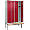 Kleiderspind C+P Evolo Plus, 4 Abteile à 300 mm Breite, schwebende Sitzbank, B 1200 x T 815 x H 2120 mm, Drehriegel, lichtgrau/rubinrot