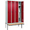Kleiderspind C+P Evolo Plus, 4 Abteile à 300 mm Breite, schwebende Sitzbank, B 1200 x T 815 x H 2120 mm, Drehriegel, lichtgrau/rubinrot
