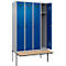 Kleiderspind C+P Evolo Plus, 4 Abteile à 300 mm Breite, schwebende Sitzbank, B 1200 x T 815 x H 2120 mm, Drehriegel, weißaluminium/enzianblau