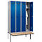 Kleiderspind C+P Evolo Plus, 4 Abteile à 300 mm Breite, schwebende Sitzbank, B 1200 x T 815 x H 2120 mm, Drehriegel, weißaluminium/enzianblau