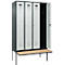 Kleiderspind C+P Evolo Plus, 4 Abteile à 300 mm Breite, schwebende Sitzbank, B 1200 x T 815 x H 2120 mm, Zylinder, anthrazitgrau/lichtgrau