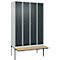 Kleiderspind C+P Evolo Plus, 4 Abteile à 300 mm Breite, schwebende Sitzbank, B 1200 x T 815 x H 2120 mm, Zylinder, lichtgrau/anthrazitgrau