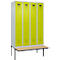 Kleiderspind C+P Evolo Plus, 4 Abteile à 300 mm Breite, schwebende Sitzbank, B 1200 x T 815 x H 2120 mm, Zylinder, lichtgrau/clowngrün