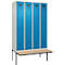 Kleiderspind C+P Evolo Plus, 4 Abteile à 300 mm Breite, schwebende Sitzbank, B 1200 x T 815 x H 2120 mm, Zylinder, lichtgrau/lichtblau