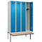 Kleiderspind C+P Evolo Plus, 4 Abteile à 300 mm Breite, schwebende Sitzbank, B 1200 x T 815 x H 2120 mm, Zylinder, lichtgrau/lichtblau