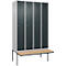 Kleiderspind C+P Evolo Plus, 4 Abteile à 300 mm Breite, schwebende Sitzbank, B 1200 x T 815 x H 2120 mm, Zylinder, weißaluminium/anthrazitgrau