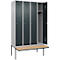 Kleiderspind C+P Evolo Plus, 4 Abteile à 300 mm Breite, schwebende Sitzbank, B 1200 x T 815 x H 2120 mm, Zylinder, weißaluminium/anthrazitgrau