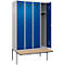 Kleiderspind C+P Evolo Plus, 4 Abteile à 300 mm Breite, schwebende Sitzbank, B 1200 x T 815 x H 2120 mm, Zylinder, weißaluminium/enzianblau