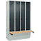 Kleiderspind C+P Evolo Plus, 4 Abteile à 300 mm Breite, Sockel, schwebende Sitzbank, B 1200 x T 815 x H 1950 mm, Drehriegel, lichtgrau/anthrazitgrau
