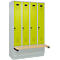 Kleiderspind C+P Evolo Plus, 4 Abteile à 300 mm Breite, Sockel, schwebende Sitzbank, B 1200 x T 815 x H 1950 mm, Drehriegel, lichtgrau/clowngrün