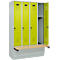 Kleiderspind C+P Evolo Plus, 4 Abteile à 300 mm Breite, Sockel, schwebende Sitzbank, B 1200 x T 815 x H 1950 mm, Drehriegel, lichtgrau/clowngrün