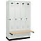 Kleiderspind C+P Evolo Plus, 4 Abteile à 300 mm Breite, Sockel, schwebende Sitzbank, B 1200 x T 815 x H 1950 mm, Drehriegel, lichtgrau/lichtgrau