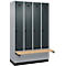 Kleiderspind C+P Evolo Plus, 4 Abteile à 300 mm Breite, Sockel, schwebende Sitzbank, B 1200 x T 815 x H 1950 mm, Drehriegel, weißaluminium/anthrazitgrau