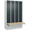 Kleiderspind C+P Evolo Plus, 4 Abteile à 300 mm Breite, Sockel, schwebende Sitzbank, B 1200 x T 815 x H 1950 mm, Zylinder, lichtgrau/anthrazitgrau