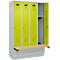 Kleiderspind C+P Evolo Plus, 4 Abteile à 300 mm Breite, Sockel, schwebende Sitzbank, B 1200 x T 815 x H 1950 mm, Zylinder, lichtgrau/clowngrün