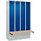 Kleiderspind C+P Evolo Plus, 4 Abteile à 300 mm Breite, Sockel, schwebende Sitzbank, B 1200 x T 815 x H 1950 mm, Zylinder, lichtgrau/enzianblau
