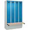 Kleiderspind C+P Evolo Plus, 4 Abteile à 300 mm Breite, Sockel, schwebende Sitzbank, B 1200 x T 815 x H 1950 mm, Zylinder, lichtgrau/lichtblau