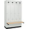 Kleiderspind C+P Evolo Plus, 4 Abteile à 300 mm Breite, Sockel, schwebende Sitzbank, B 1200 x T 815 x H 1950 mm, Zylinder, lichtgrau/lichtgrau