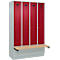 Kleiderspind C+P Evolo Plus, 4 Abteile à 300 mm Breite, Sockel, schwebende Sitzbank, B 1200 x T 815 x H 1950 mm, Zylinder, lichtgrau/rubinrot