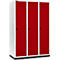 Dreifach-Spindschrank, rot lackierte Türen mit Luftschlitzen, weißes Gehäuse und schwarzer Sockel.