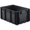 Schwarze Kunststoffbox mit Griffen und Logo. Detailaufnahme.