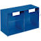 Blaue Wandregale mit zwei Fächern, klappbaren Fronten und weißen Etikettenfeldern.