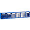 Blaues Wandregal mit 6 transparenten Fächern.