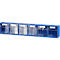 Blaues Wandregal mit sechs transparenten Fächern.