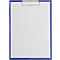 Blauw omlijste klembord met wit papier en een zilveren clip.