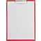 Rood klembord met zilveren metalen clip en wit papier.