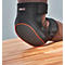 Genouillère noire sur jambe avec sangles velcro. Accents orange et logo du fabricant.