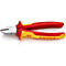 Nahaufnahme einer Knipex-Zange mit rot-gelben Griffen. Details: silberfarbener Zangenkopf, Text und Logos.