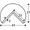 Diagrama técnico: Líneas negras forman un ángulo en forma de V, limitado por un arco de círculo. Se indican las dimensiones.