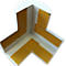 White corner protector with adhesive strips. The corner edges are flattened and provided with adhesive surfaces.