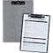 Two gray clipboards; one with paper and text, the other empty.