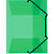 Green document folder with black elastic band closure. Vertical rubber bands crossing the folder.
